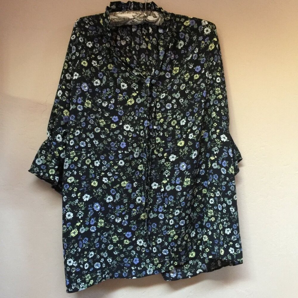 Uniqlo Paul & Joe Womens Large Black Floral Ruffle Blouse Top 3/4 Sleeve New